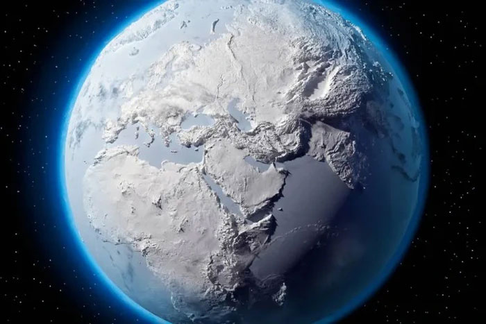 The earth will change from its current blue color to the white of snow and ice.