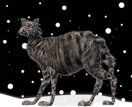 The Yule Cat or Christmas Cat is a monster that appears in Icelandic folklore.  The Yule Cat is described as very large and evil, lurking in the snowy countryside during Christmas and eating anyone who doesn't have new clothes to wear before Christmas.